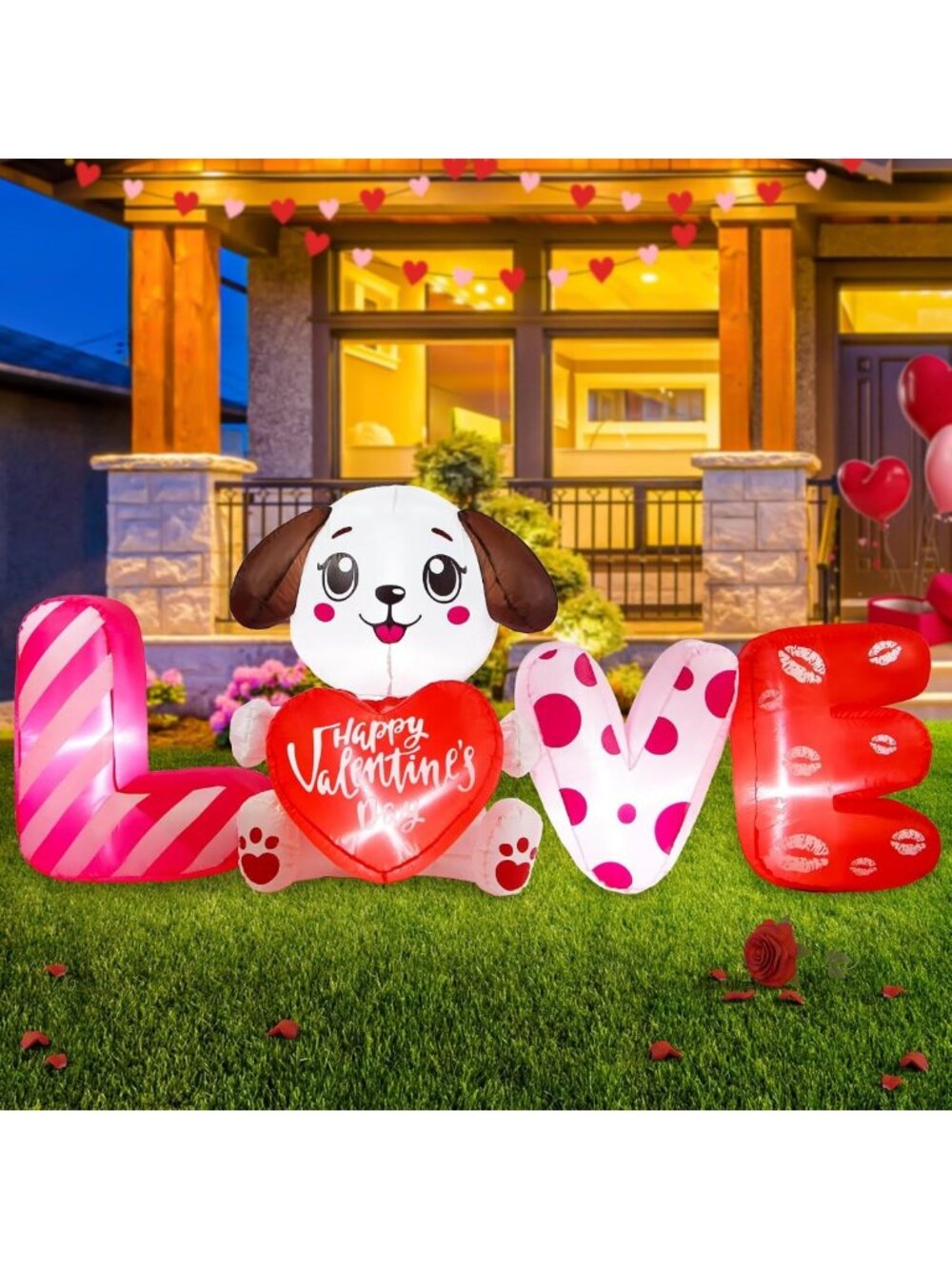 6FT Inflatable Valentine's Day Dog Decor with LED Lights - Heart Yard Decoration